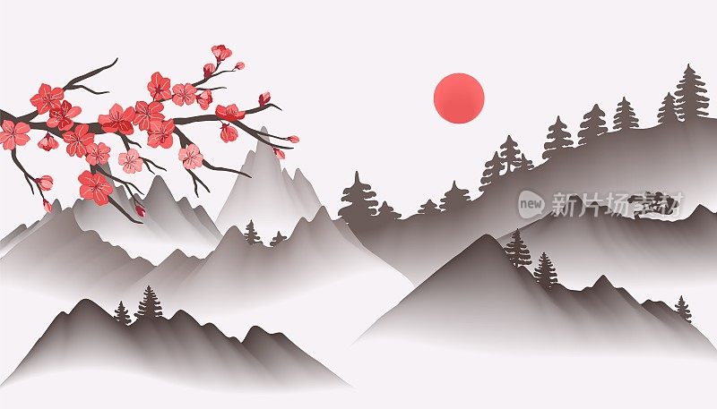 2303. m01.i027.n001.s.c15。中国山水画东方亚洲背景与雾山和樱花枝矢量插图